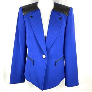 Tahari Blue Blazer With Black Quilted Faux Leather and Zipper Embellishment